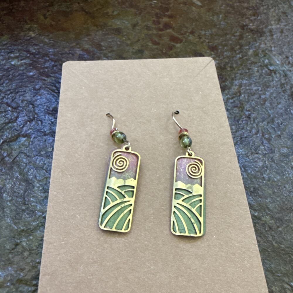 ADAJIO Goldtone Cutout Pink/Green Dangle Earrings Gold-Filled Hooks